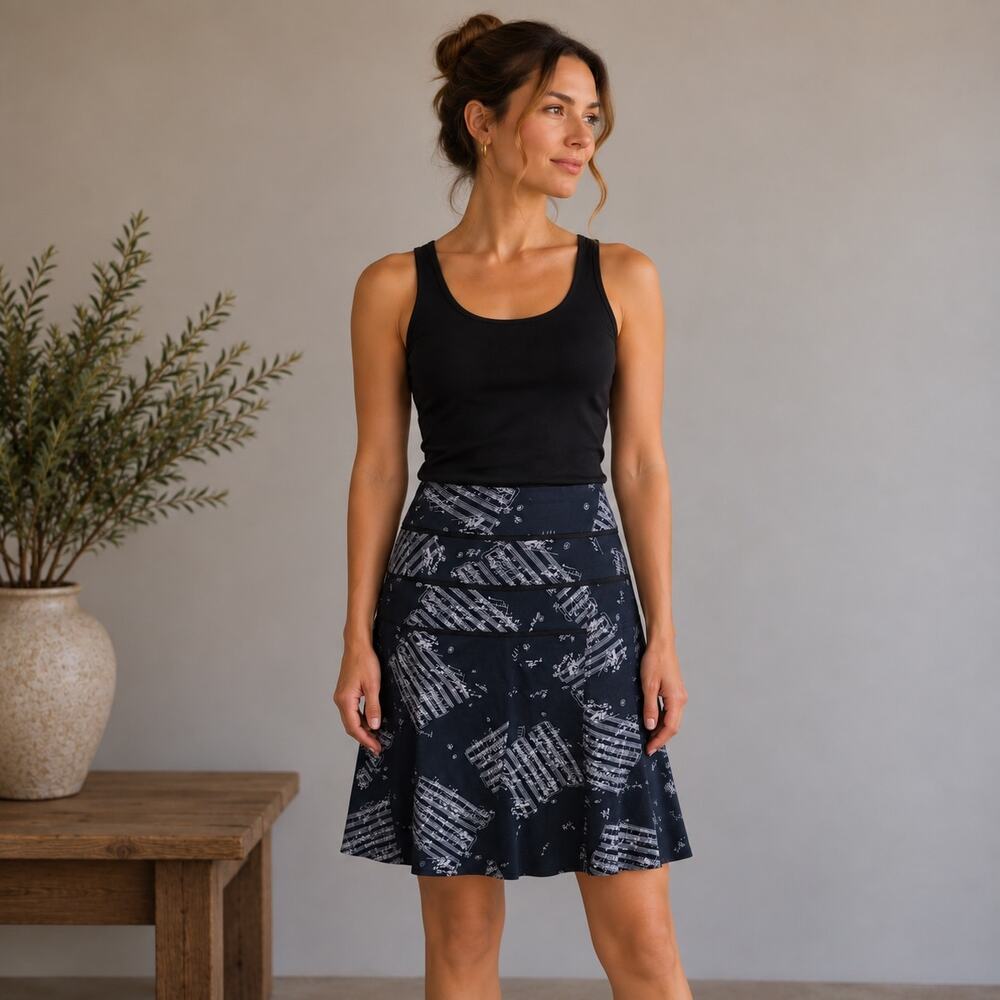 Odille Navy Music Note A Line Knee Length Skirt 4